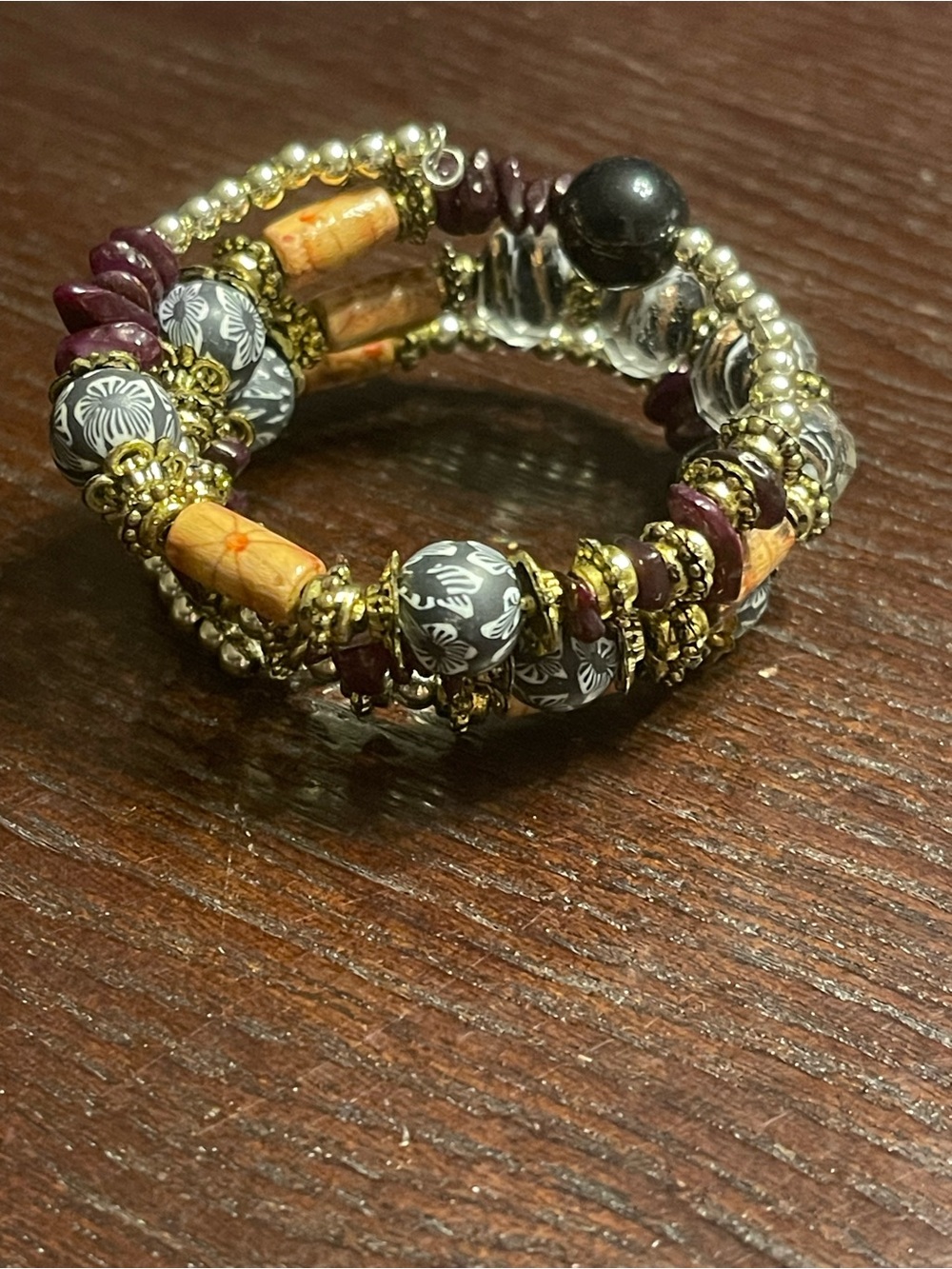 Gold Beaded Multi-Color Wrap Bracelet — Burgundy, Black & Cream